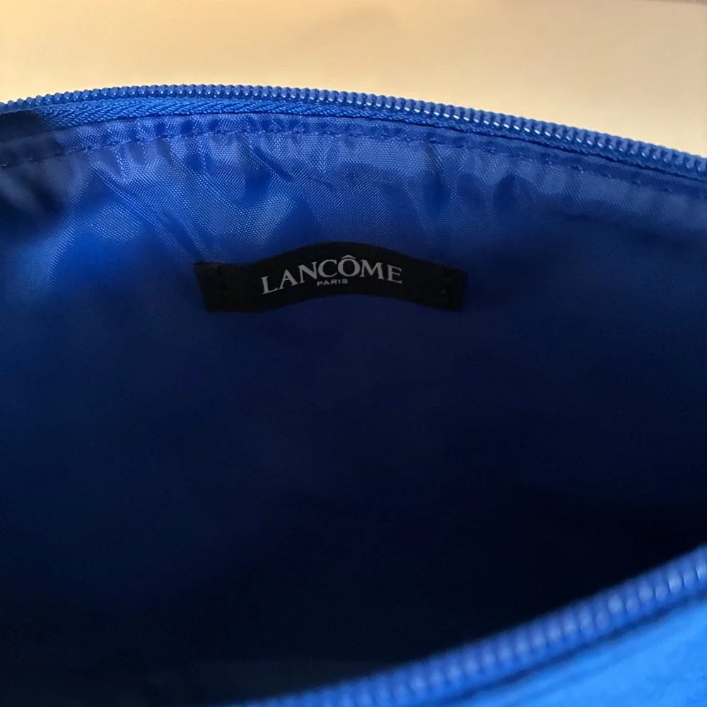 Lancome Paris Blue Faux Suede Cosmetic Bag Makeup Pouch with Pom Pom Charm Luxe
